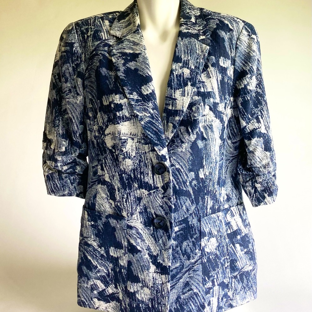 Coldwater Creek Blue White Linen Cotton 3/4 Sleeve Jacket size 12